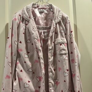 LORD & TAYLOR Heart Print fleece 2 Piece Pajama PJ lounge set satiny trim size L